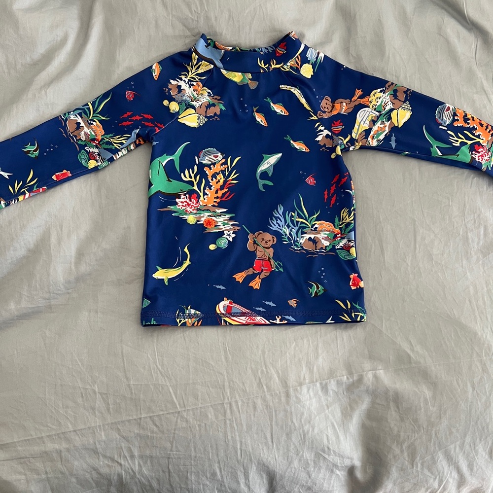 Ralph Lauren Navy Blue Kids Long-Sleeve Swim Rashguard with Ocean Animals